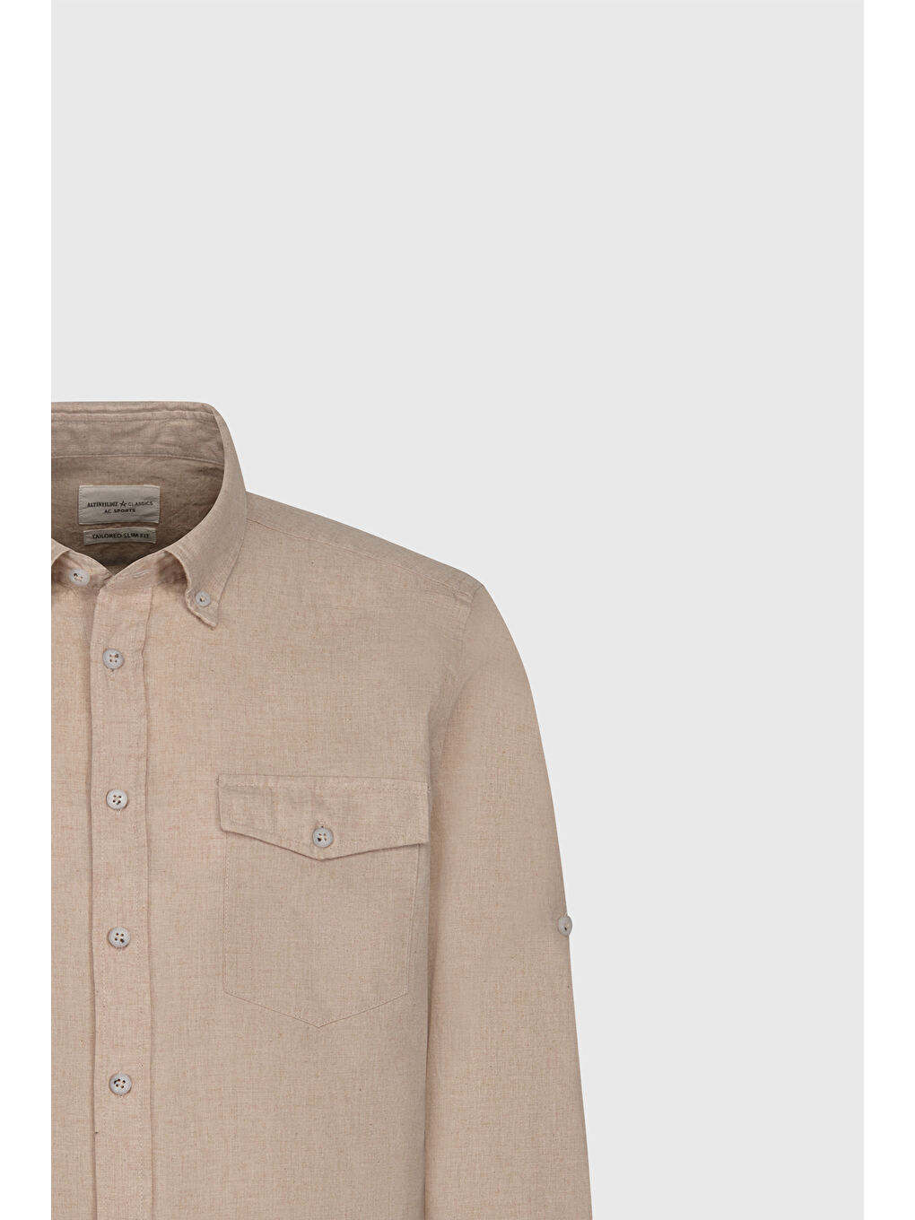 Erkek Bej Slim Fit Dar Kesim Düğmeli Yaka Oxford %100 Pamuk Gömlek-6