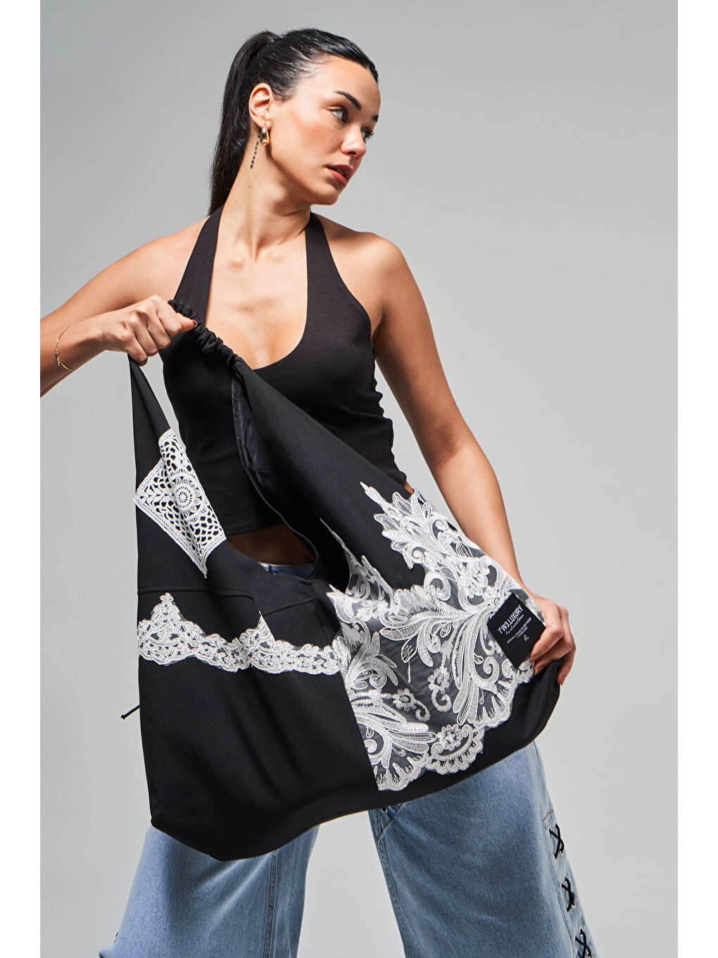 Kadın Siyah Renk Dantel Detaylı Askılı Tasarım Çanta-2