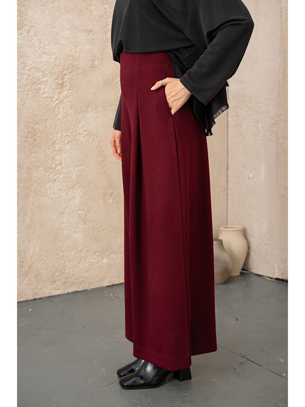 Kadın Pile Detay Pantolon Bordo-4