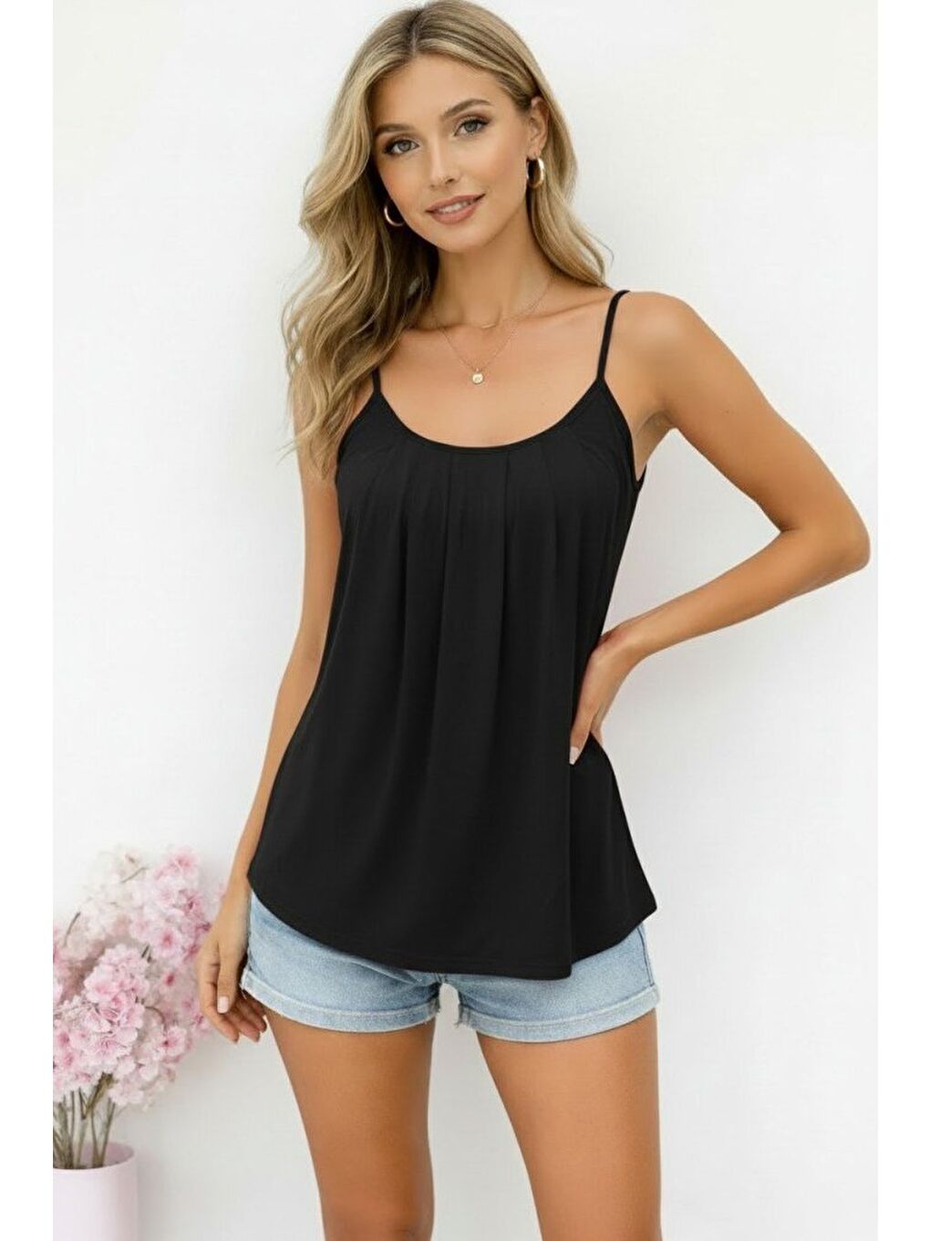 Siyah Kadın Ip Askılı Yuvarlak Yakalı Pileli Uzun Viskon Bluz-2