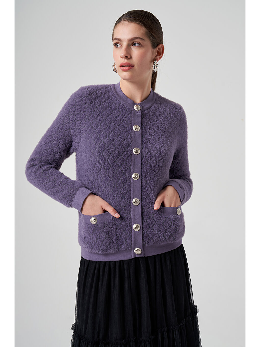 Mor Triko Düğme Detay Kısa Hırka 7001 Violet