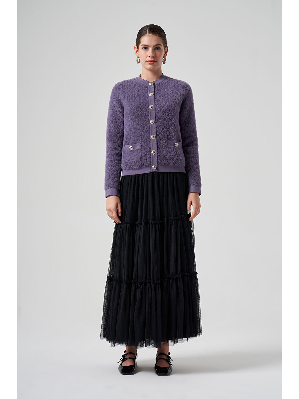 Mor Triko Düğme Detay Kısa Hırka 7001 Violet-1