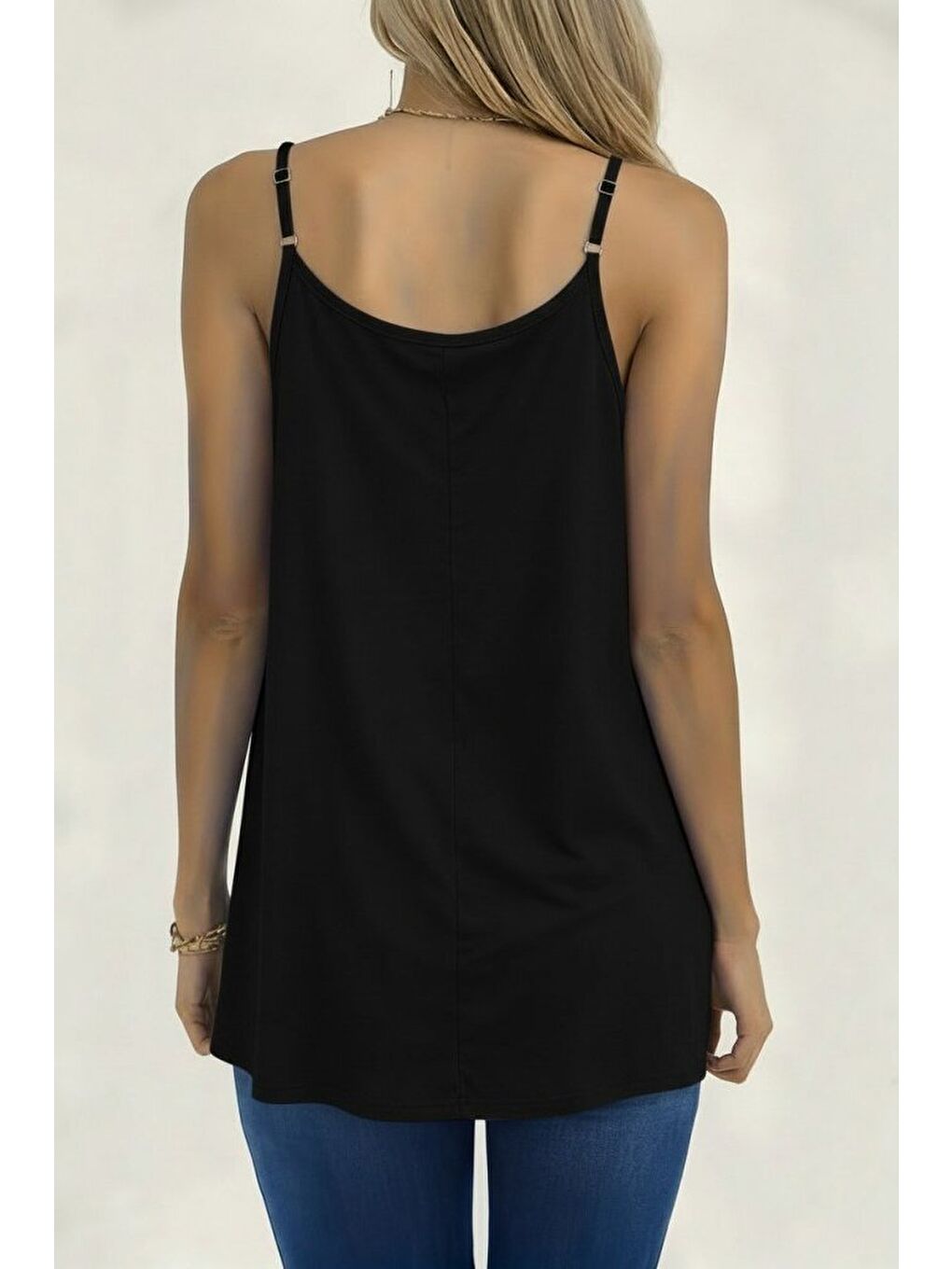 Siyah Kadın Ip Askılı Yuvarlak Yakalı Pileli Uzun Viskon Bluz-3