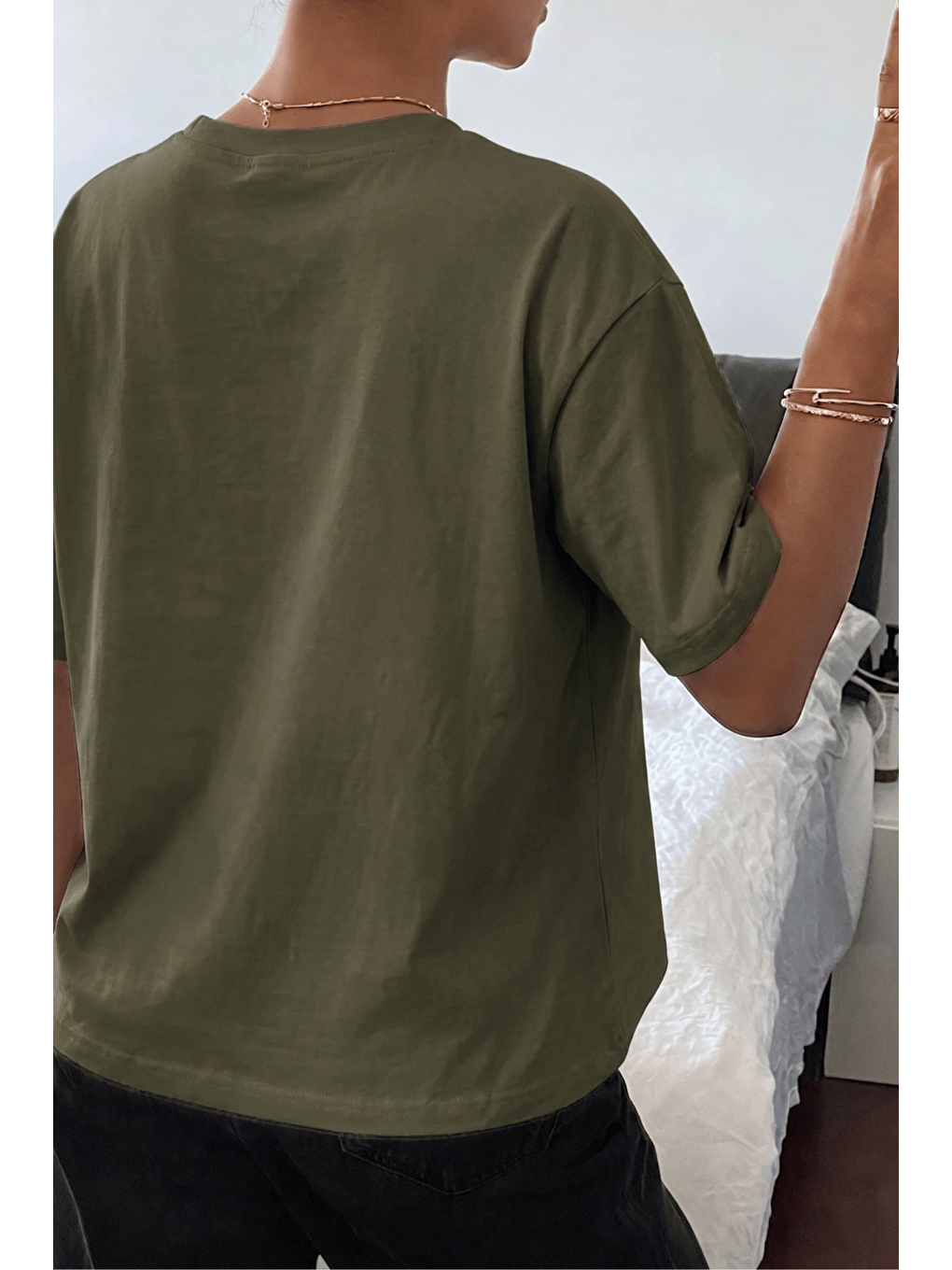 Haki Kadın Tişört Gri Bisiklet Yaka Basic Tişört %100 Pamuk Rahat Kalıp T-shirt BASIC-KADIN-2