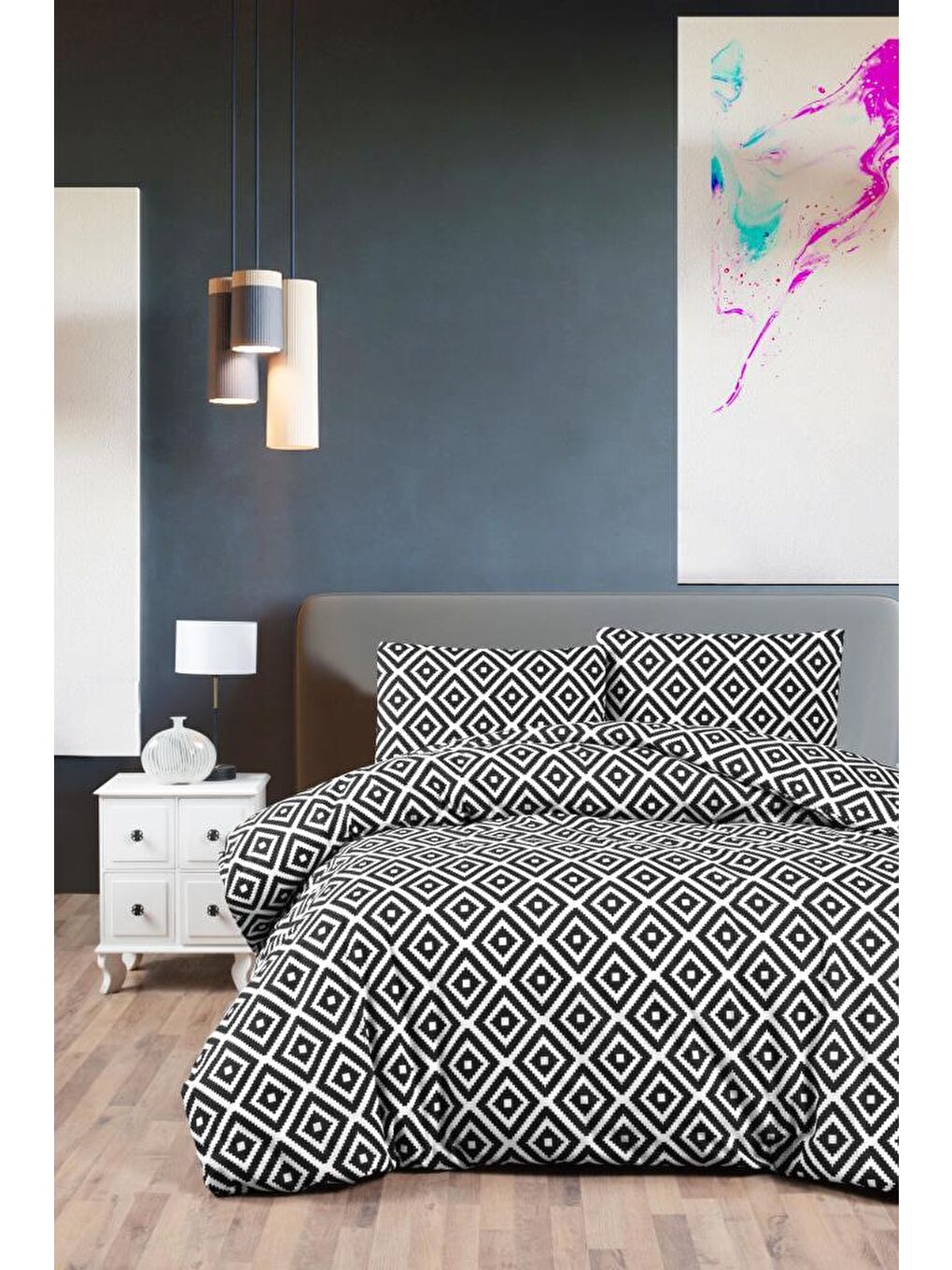 Siyah Minel Tek Kişilik Lastikli Çarşaf Nevresim Takımı