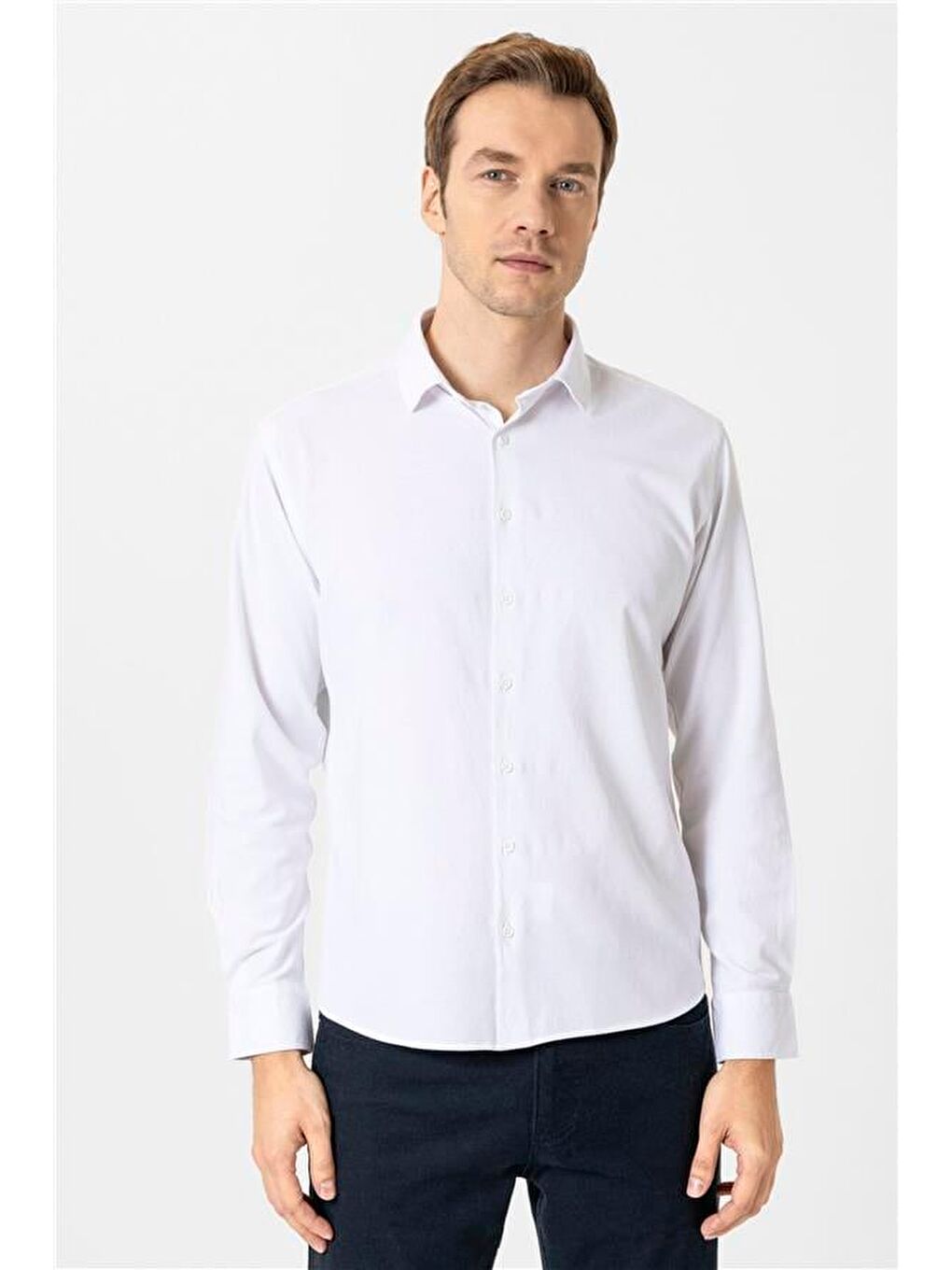 Beyaz Slim Düz Klasik Yaka Gömlek-1