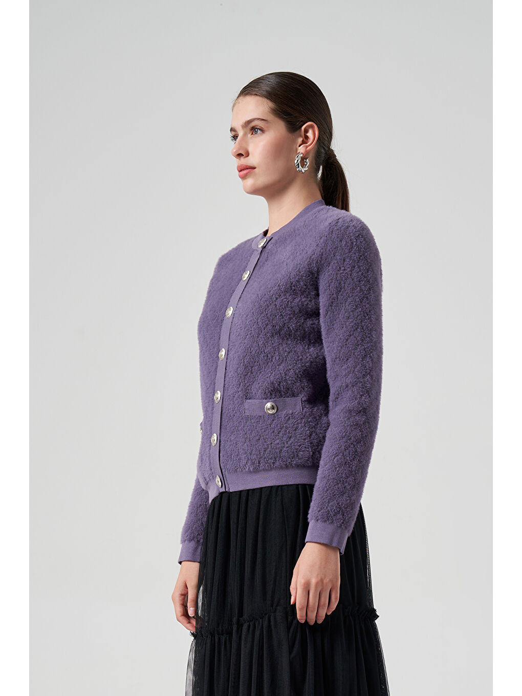 Mor Triko Düğme Detay Kısa Hırka 7001 Violet-2