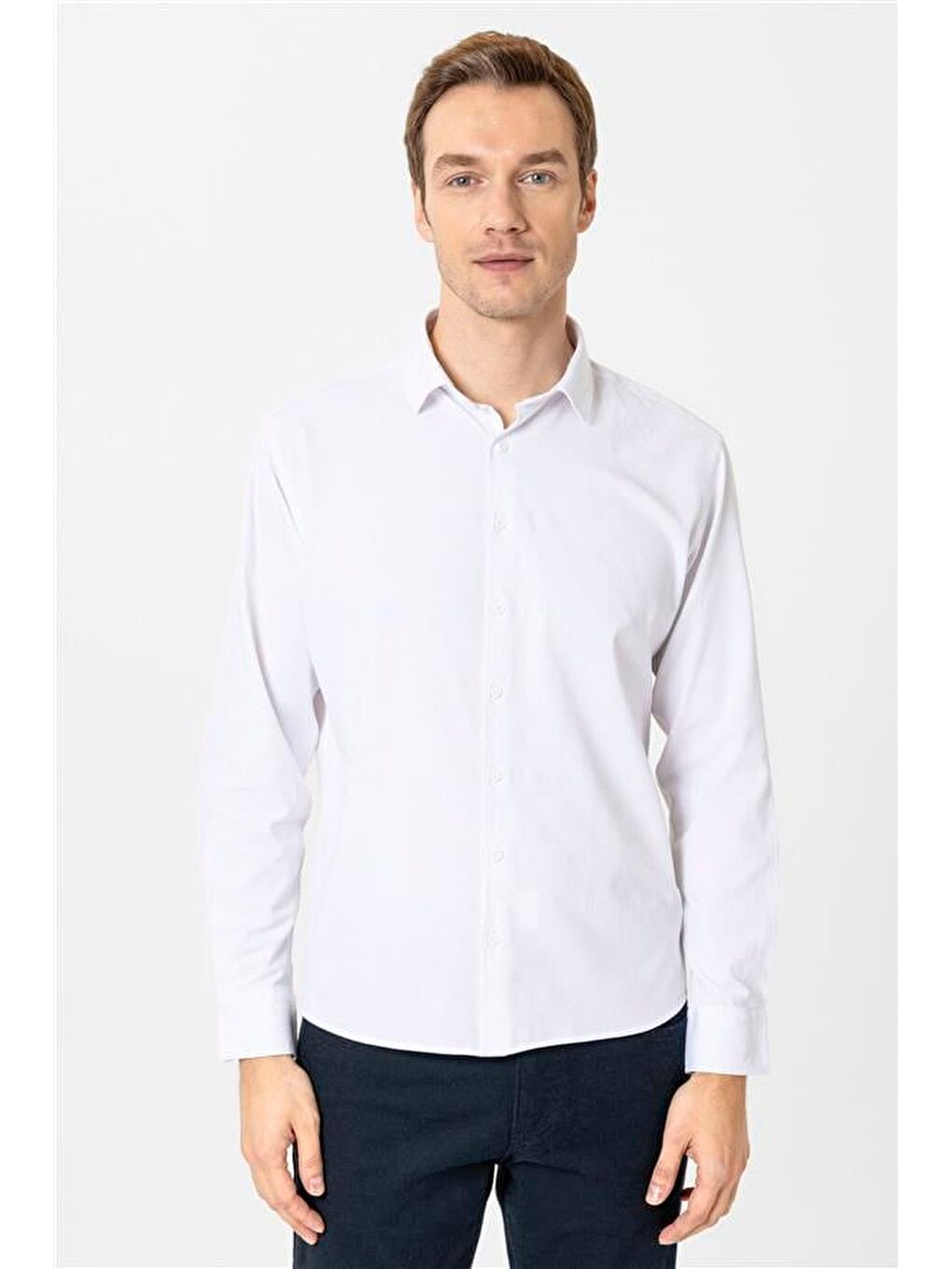Beyaz Slim Düz Klasik Yaka Gömlek-2