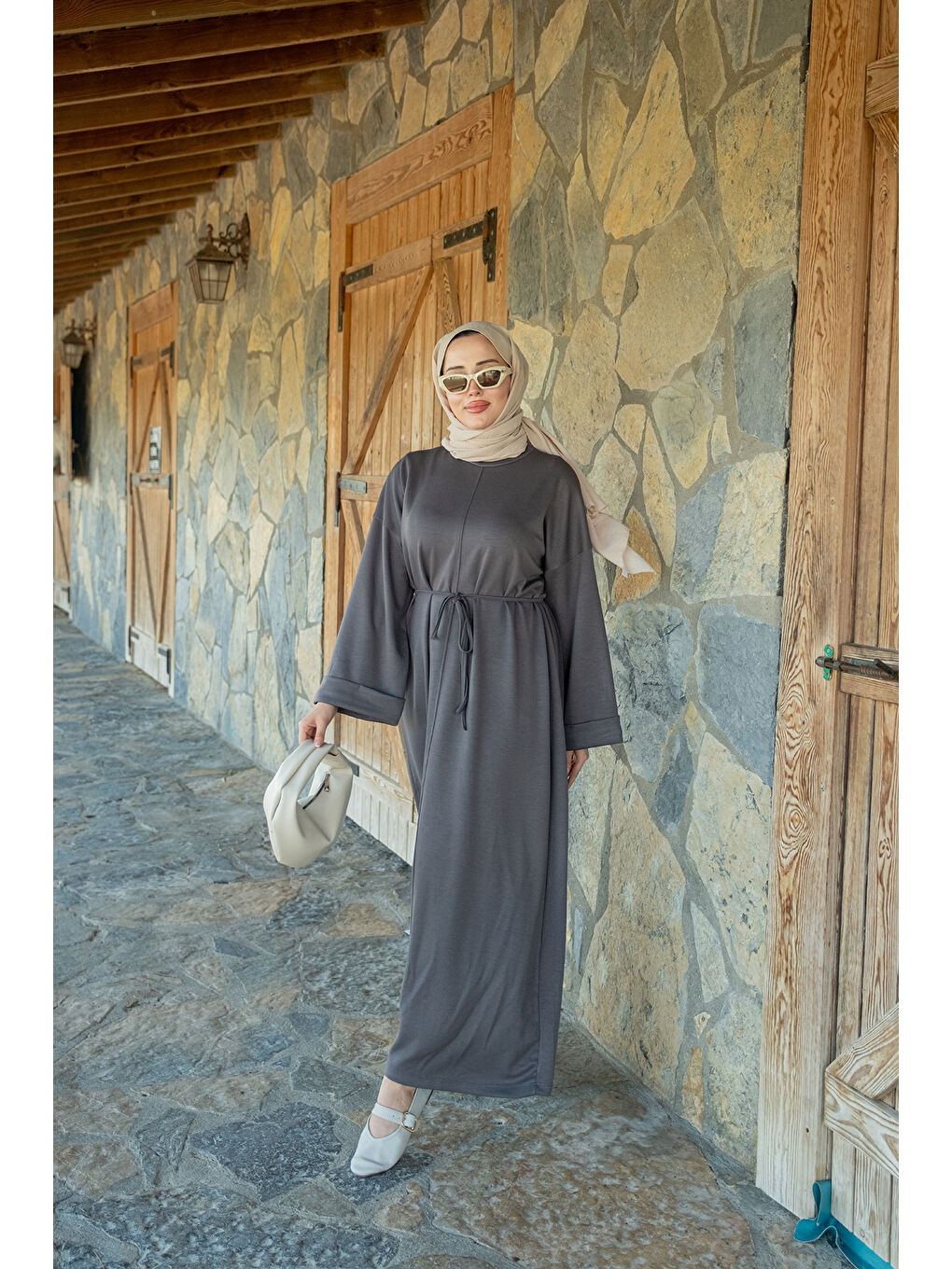 Kadın Dikiş Detay Bağlamalı Elbise Gri-2