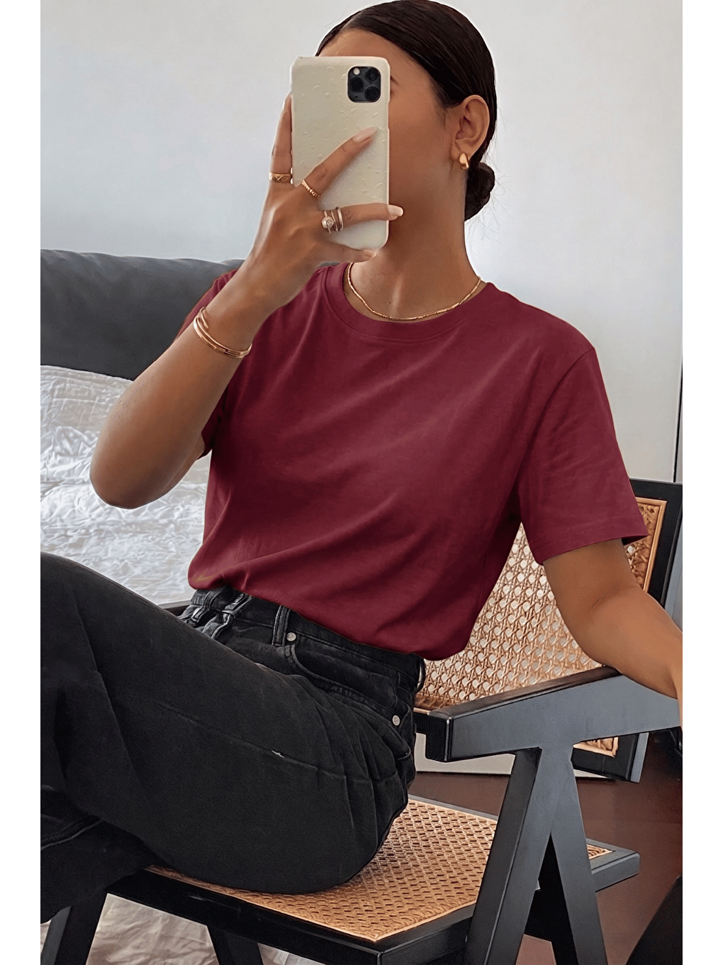 Bordo Kadın Tişört Gri Bisiklet Yaka Basic Tişört %100 Pamuk Rahat Kalıp T-shirt BASIC-KADIN-1