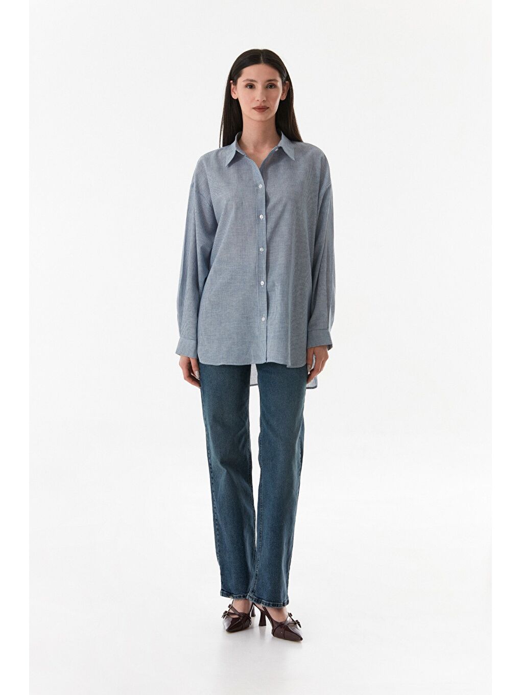 Mavi Çizgili Arkası Uzun Oversize Gömlek-1