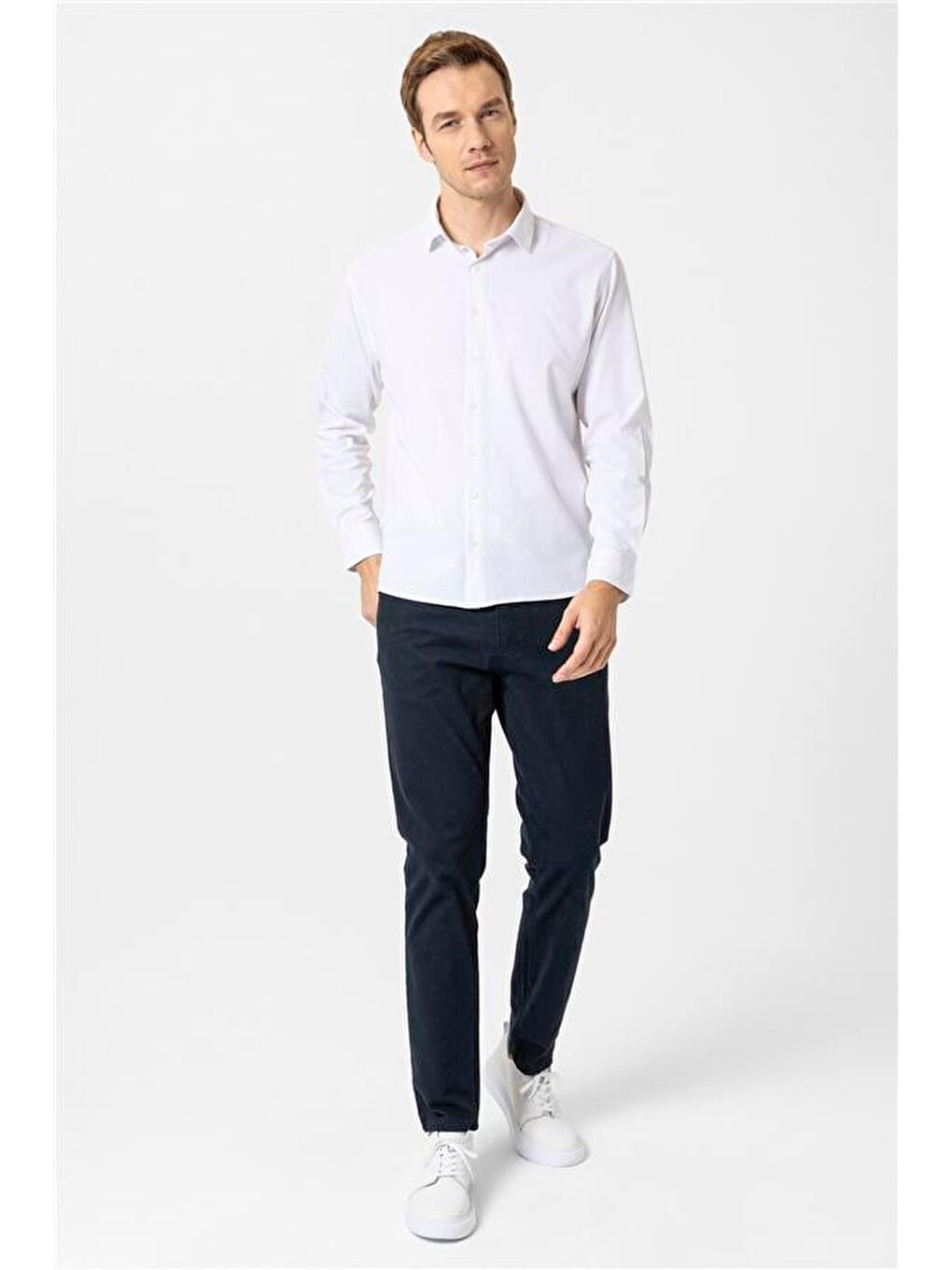 Beyaz Slim Düz Klasik Yaka Gömlek-5