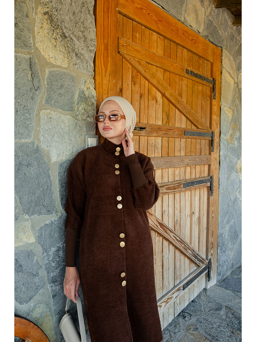 Kadın Düğmeli Triko Ceket Kahverengi-2