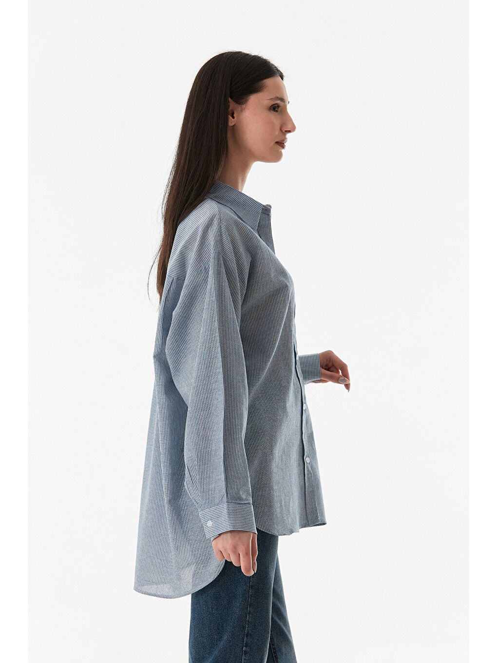 Mavi Çizgili Arkası Uzun Oversize Gömlek-3