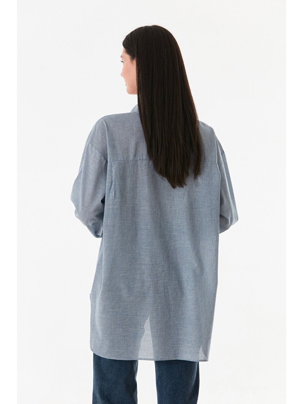 Mavi Çizgili Arkası Uzun Oversize Gömlek-4