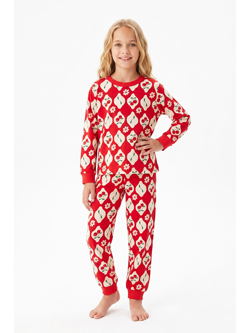 Kırmızı Kız Çocuk %100 Pamuk Ve Baskılı Pijama Takımı 3-13 Yaş 12738ıs-1