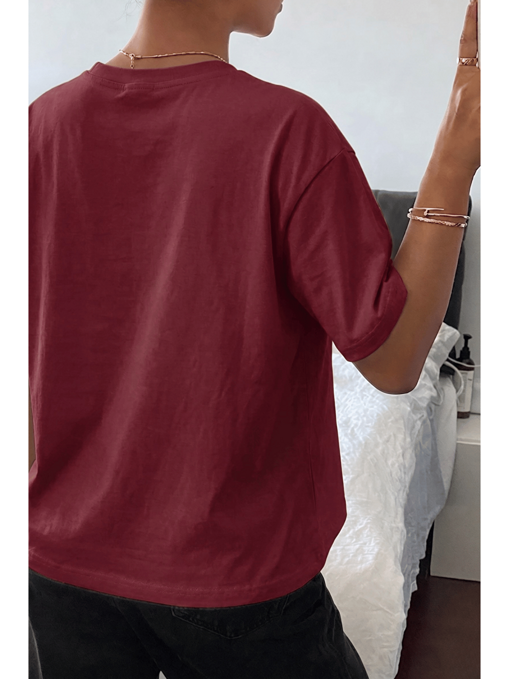 Bordo Kadın Tişört Gri Bisiklet Yaka Basic Tişört %100 Pamuk Rahat Kalıp T-shirt BASIC-KADIN-2