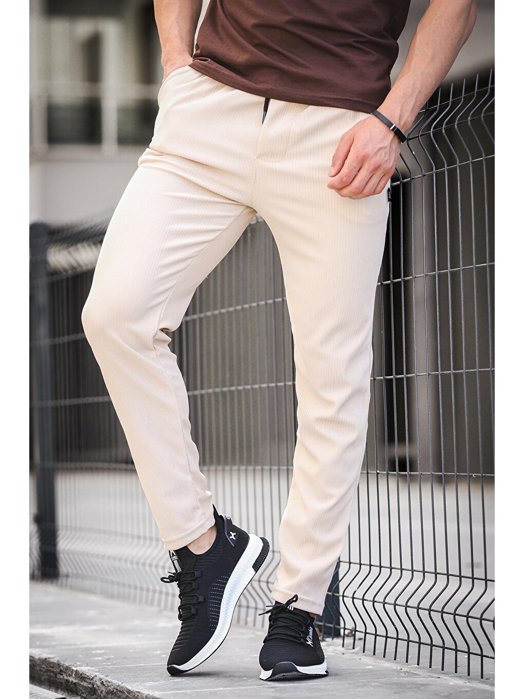 Bej Düz Paça Fitilli Slim Fit Erkek Eşofman Altı