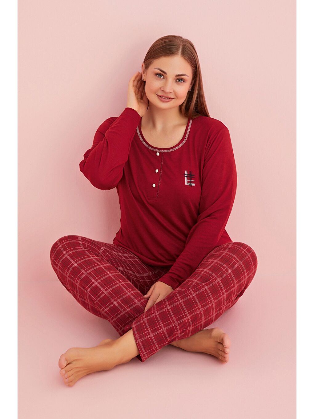 Bordo Büyük Beden Ekose Desenli Uzun Kollu Pijama Takımı-1