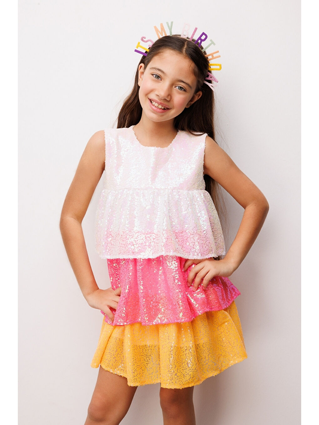 Beyaz Pullu Katlı Kız Çocuk Elbise - Lily-3