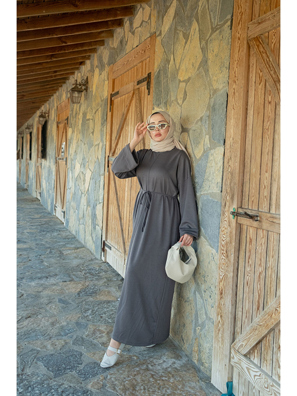 Kadın Dikiş Detay Bağlamalı Elbise Gri-3