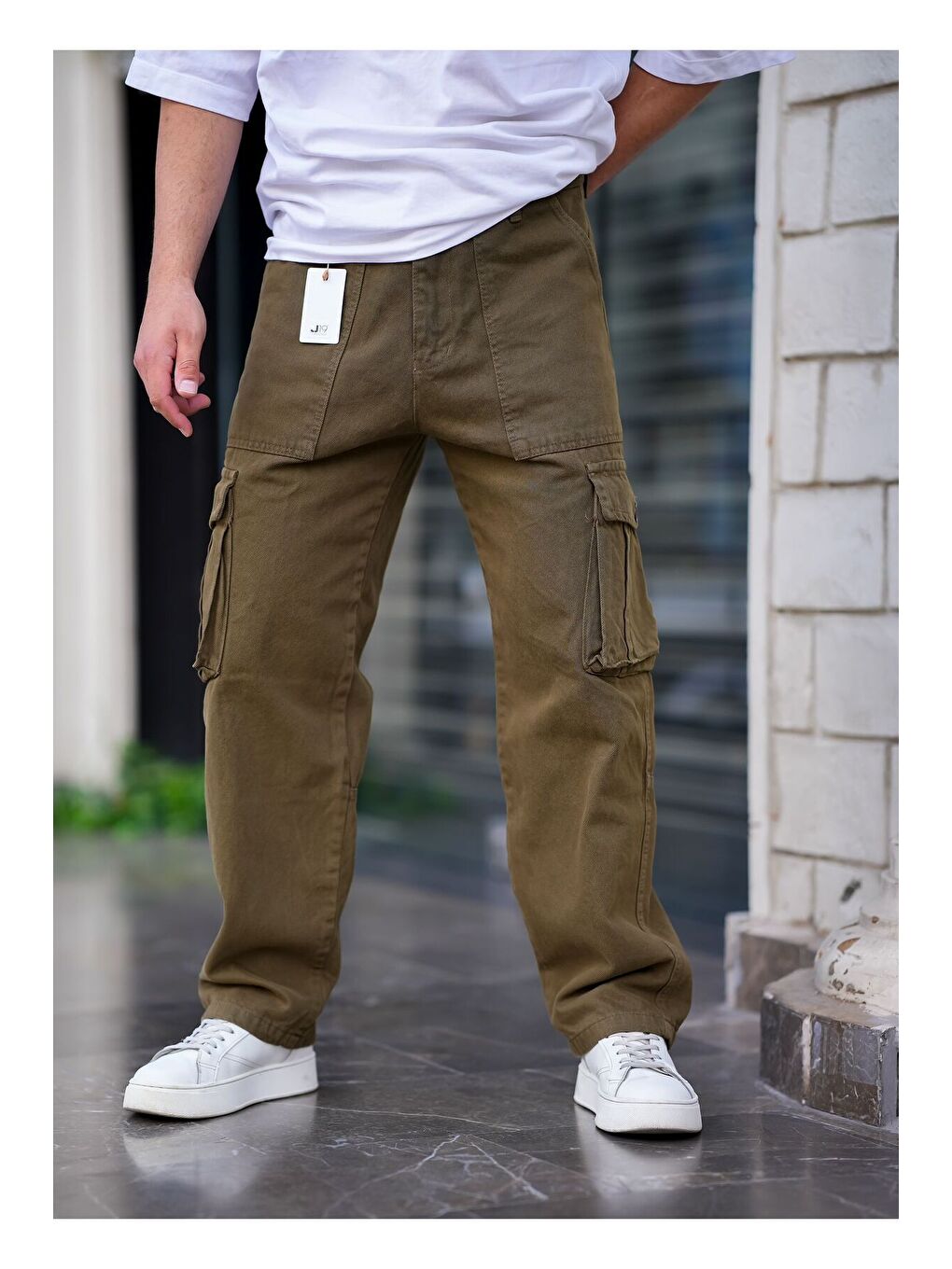 Erkek Kargo Cep Baggy Pantolon Haki Rengi