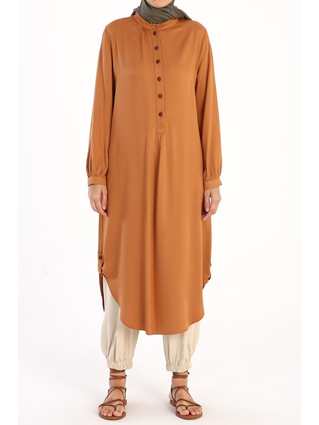 Bej Camel Yarım Patlı Viskon Tunik-1