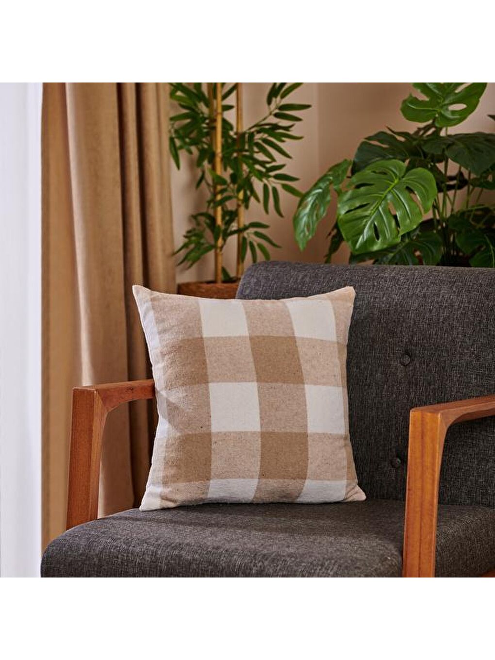 Ekose Desenli Kırlent - Bej - 40x40 cm