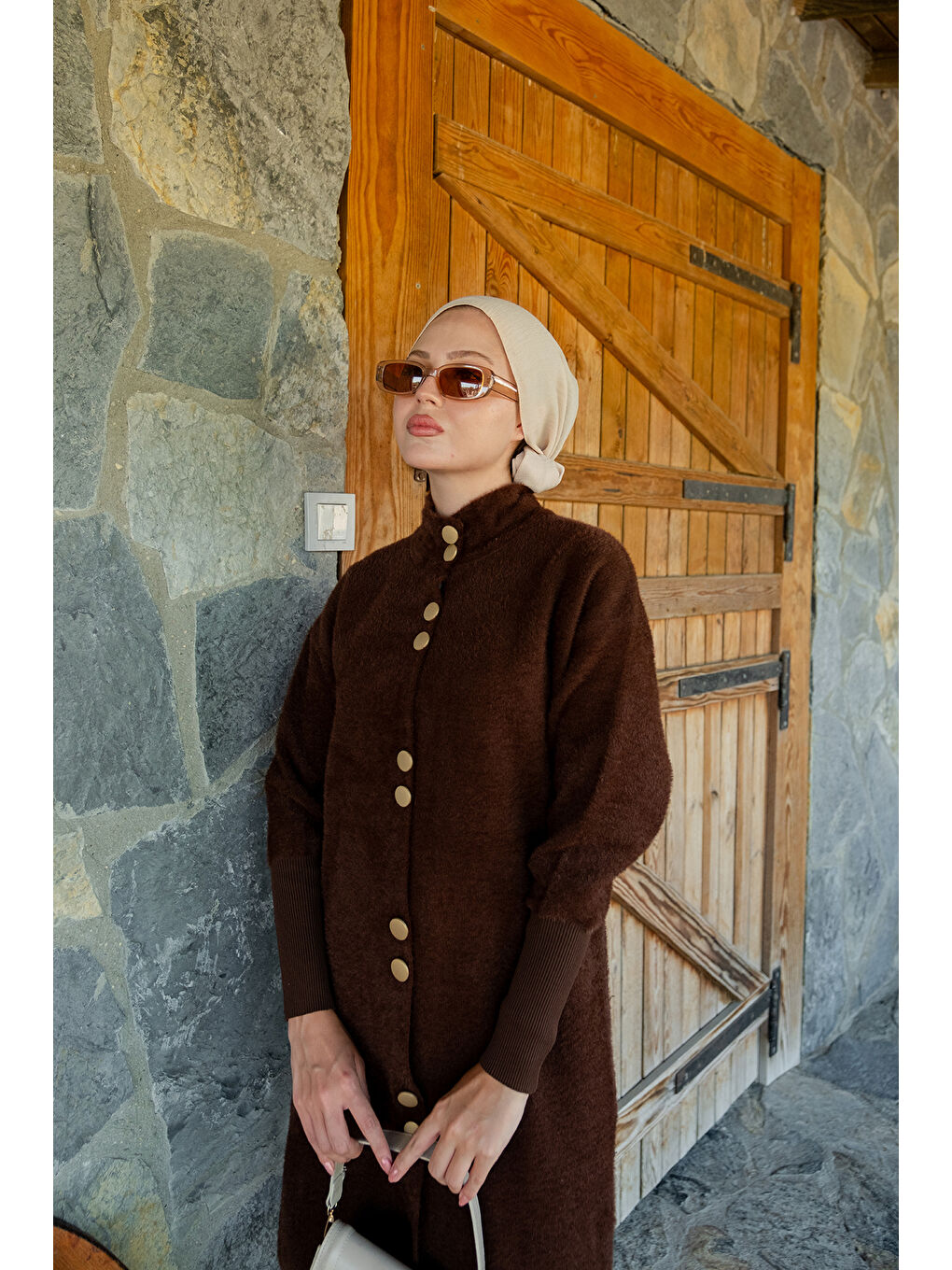 Kadın Düğmeli Triko Ceket Kahverengi-3