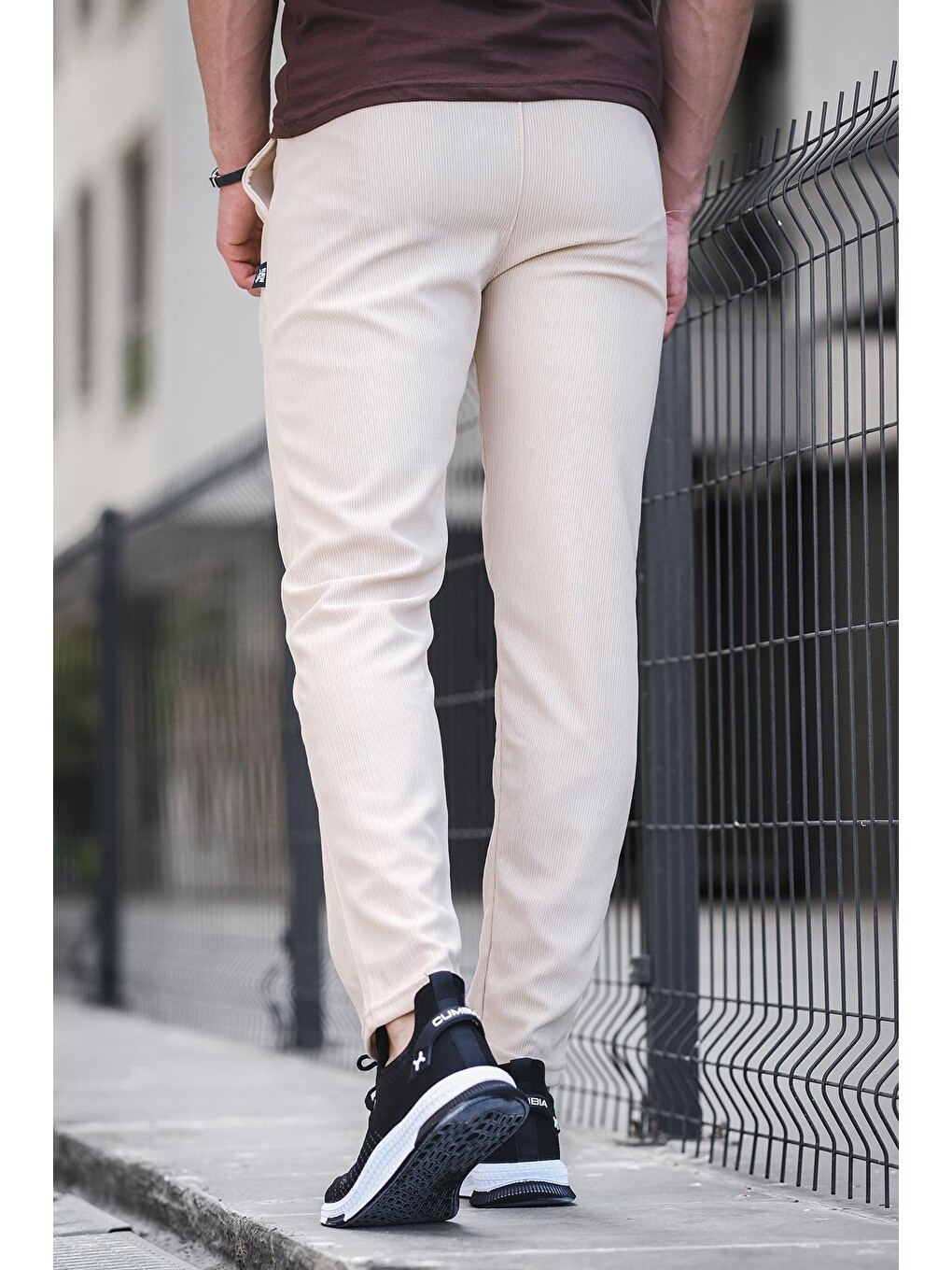 Bej Düz Paça Fitilli Slim Fit Erkek Eşofman Altı-2