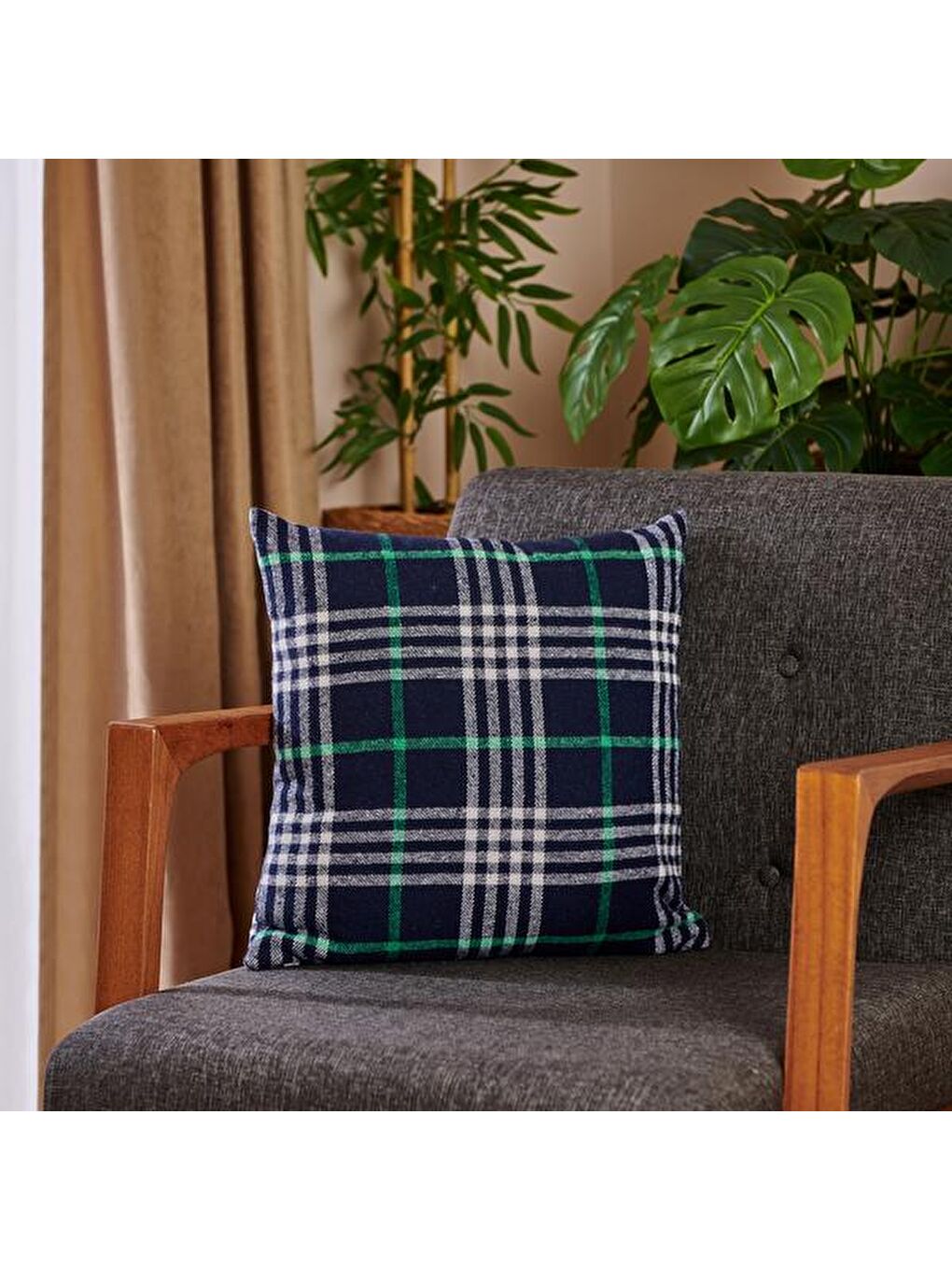 Ekose Desenli Kırlent - Lacivert - 40x40 cm