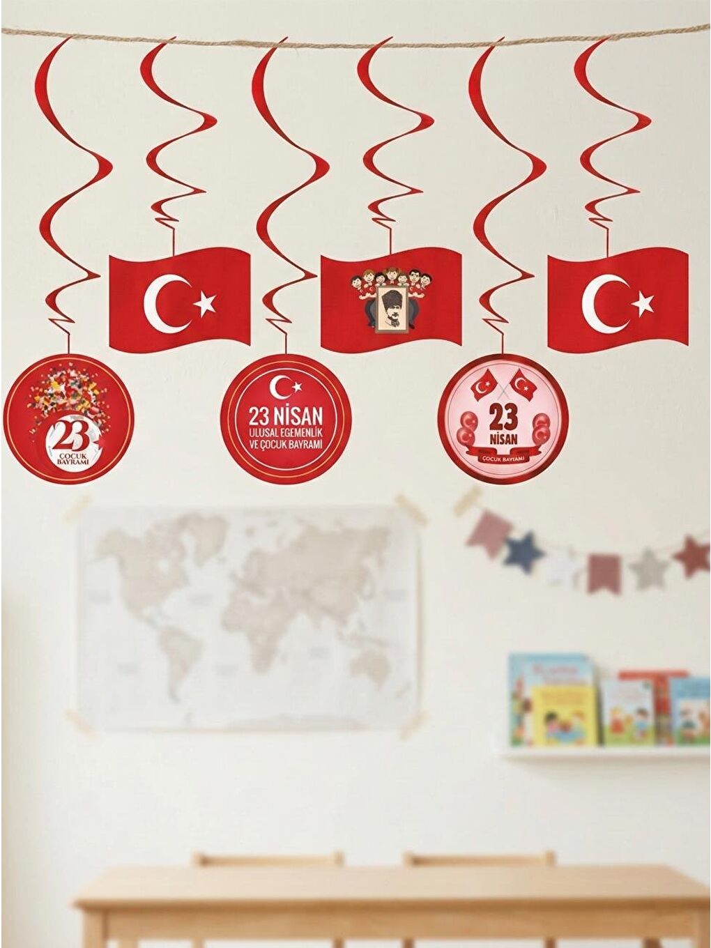 Kırmızı 23 Nisan Tavan Sarkıt Süs Seti – Milli Bayram Dekoru 6 'lı