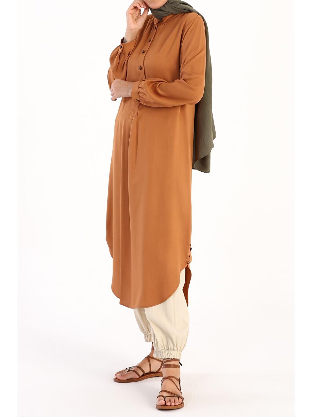 Bej Camel Yarım Patlı Viskon Tunik-2