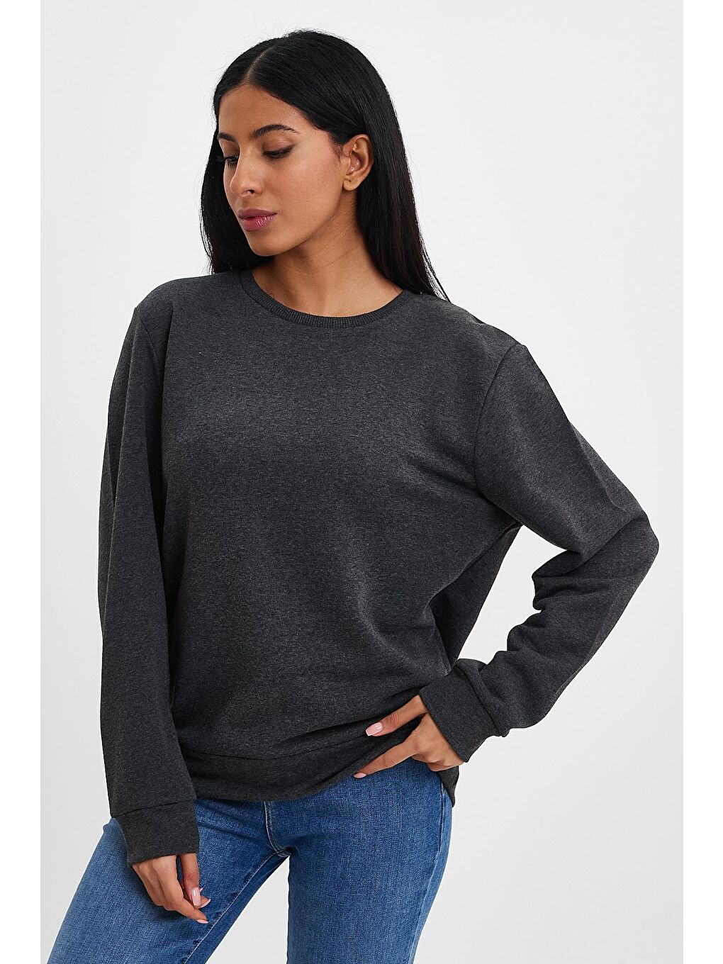 Süperlife Antrasit Kadın Bisiklet Yaka Rahat Kalıp 3 iplik Kalın Sweatshirt SPR24SW-36 - 3