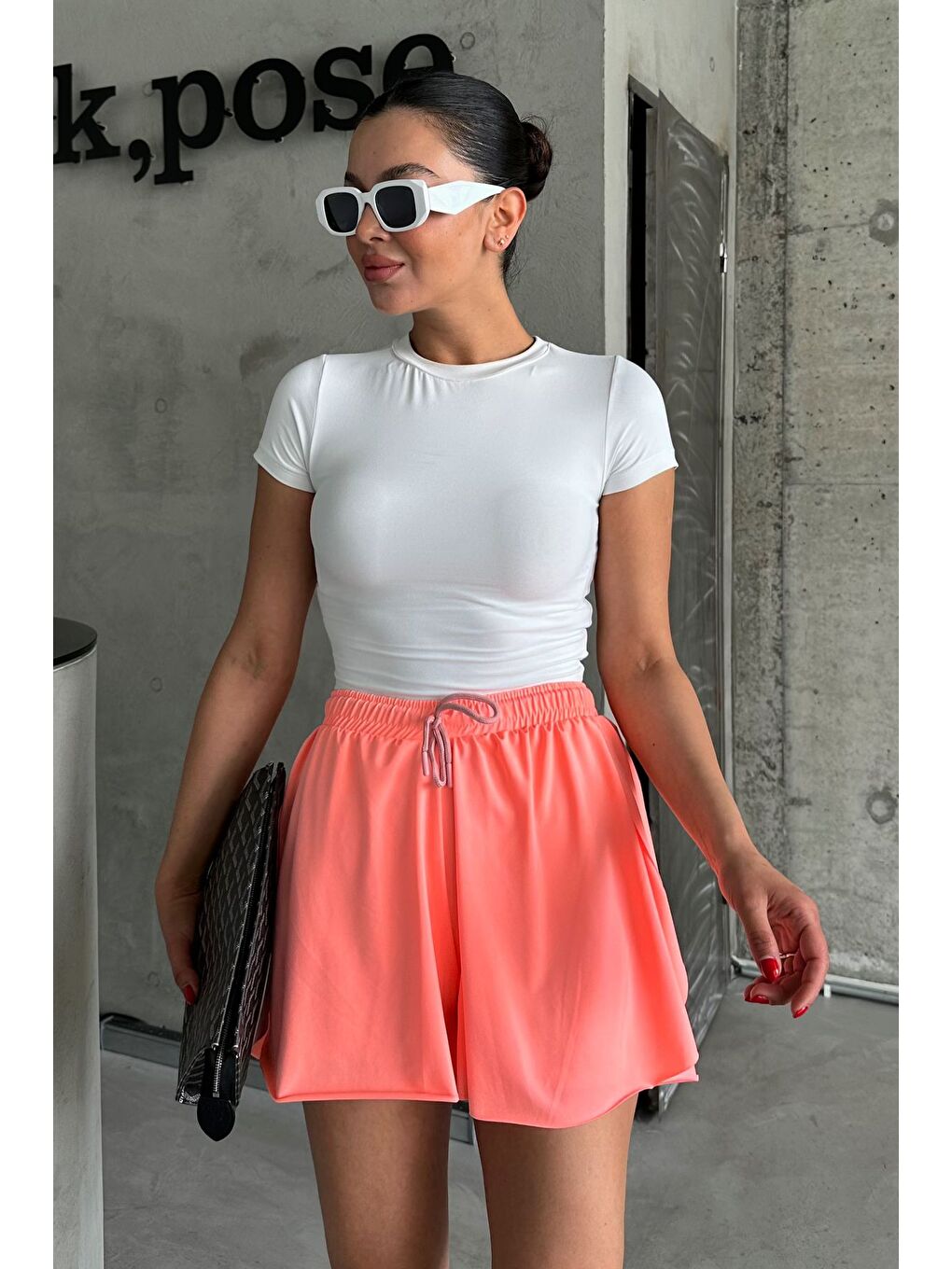 Pembe Kadın İçi Taytlı Yüksek Bel Tenis Eteği-1