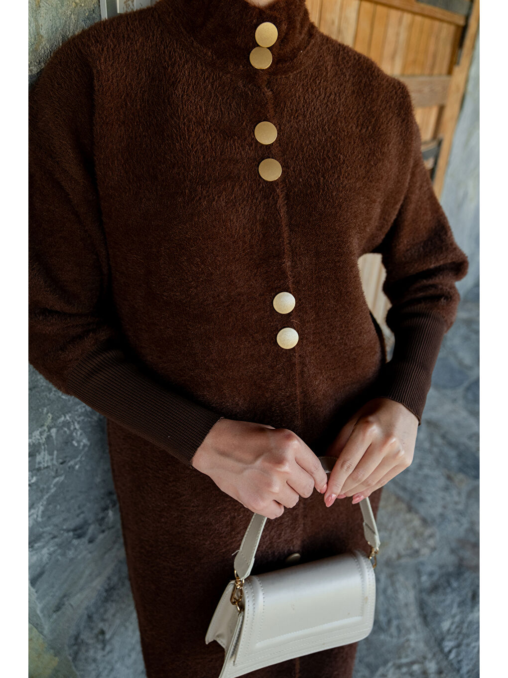 Kadın Düğmeli Triko Ceket Kahverengi-4