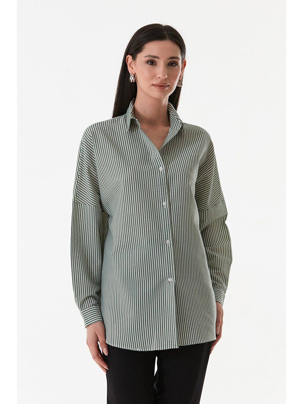 Yeşil Çizgili Oversize Gömlek