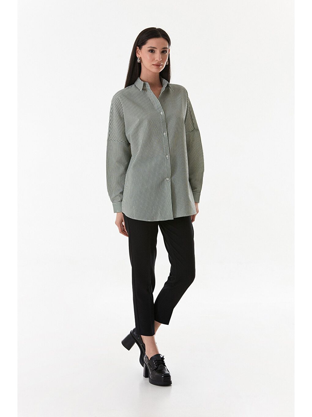 Yeşil Çizgili Oversize Gömlek-1