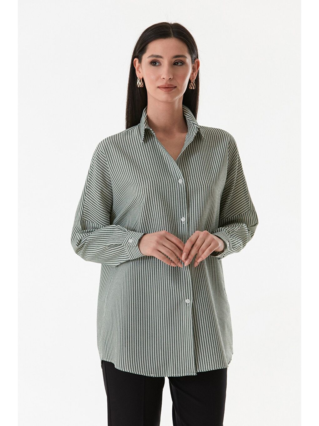 Yeşil Çizgili Oversize Gömlek-2