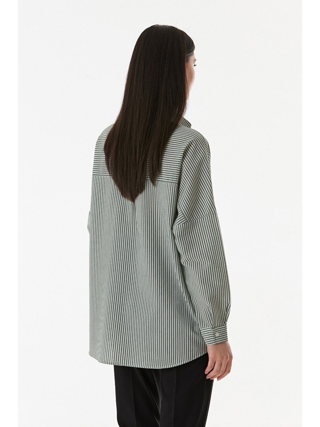 Yeşil Çizgili Oversize Gömlek-4