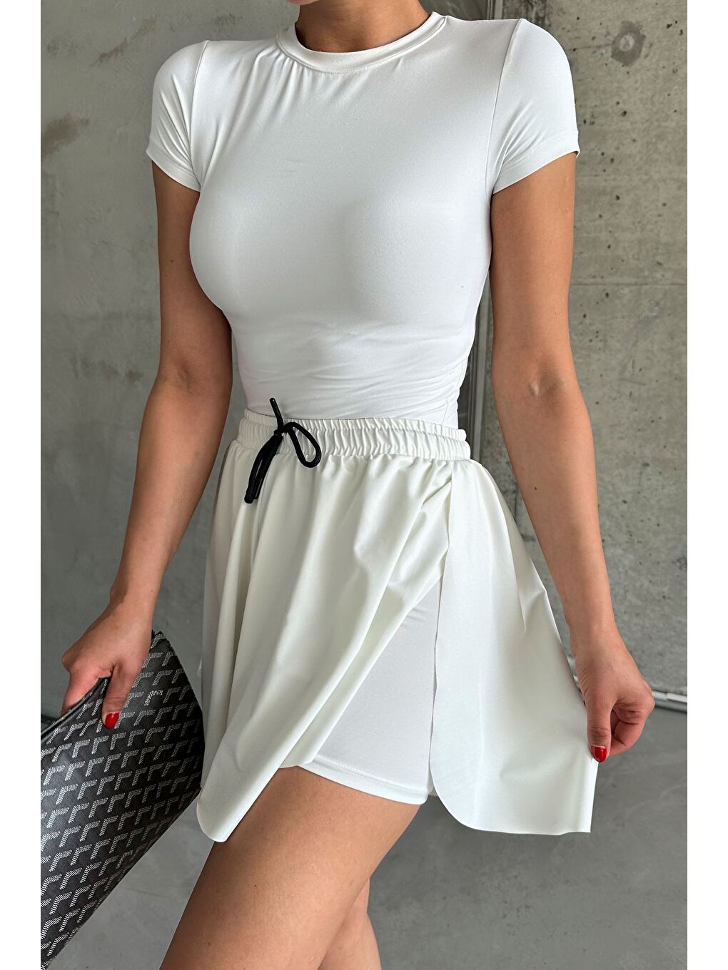 Kadın İçi Taytlı Yüksek Bel Tenis Eteği Beyaz