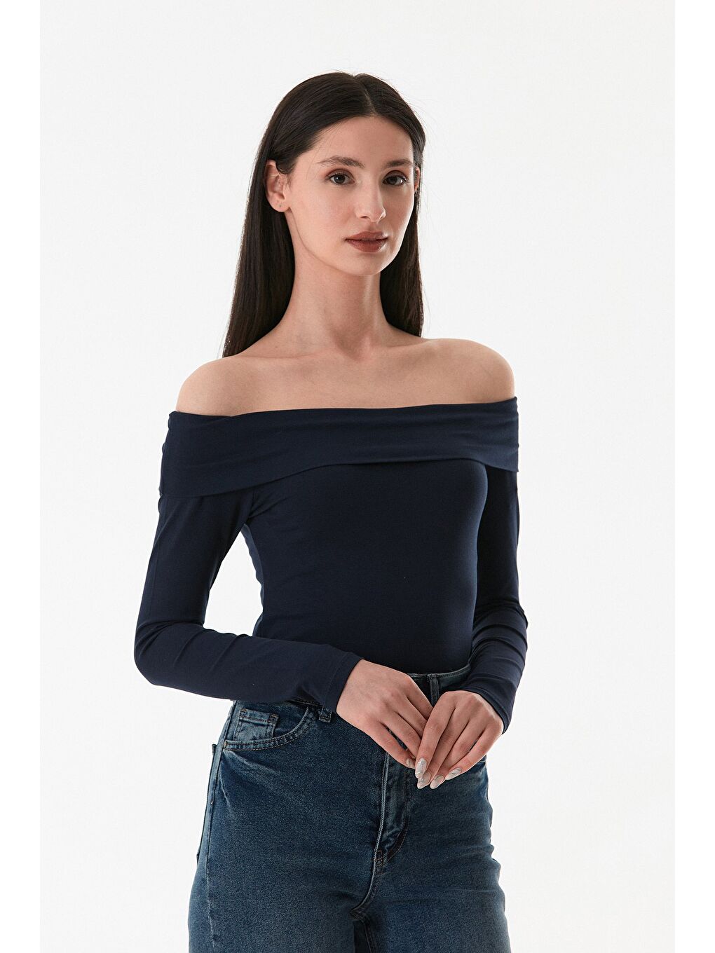 Lacivert Basic Madonna Yaka Bluz-1