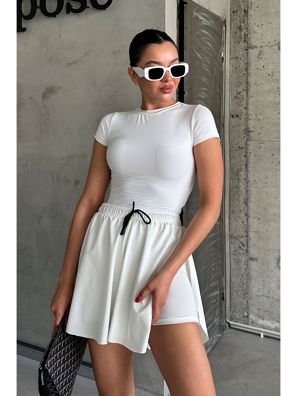 Kadın İçi Taytlı Yüksek Bel Tenis Eteği Beyaz-1