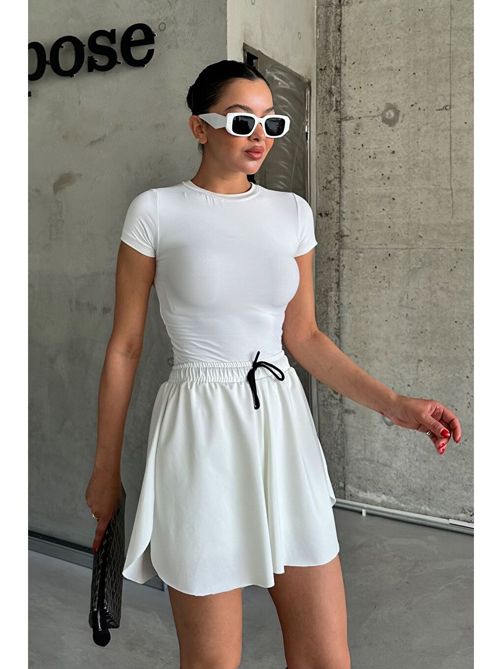 Kadın İçi Taytlı Yüksek Bel Tenis Eteği Beyaz-2