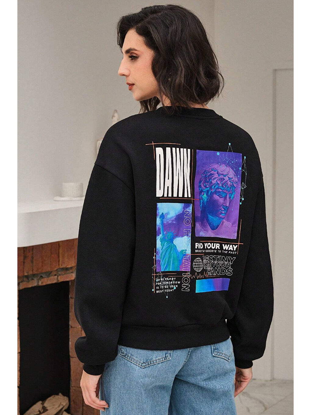 uyguntarz Siyah Unisex Dawn Baskılı Bisiklet Yaka Sweatshirt - 1