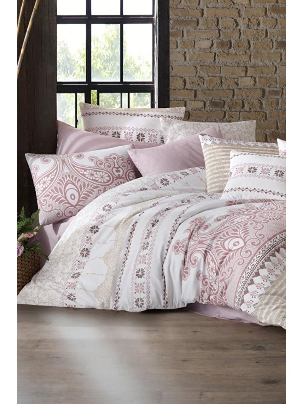 Pembe Hermes Çift Kişilik Nevresim Takımı Pudra