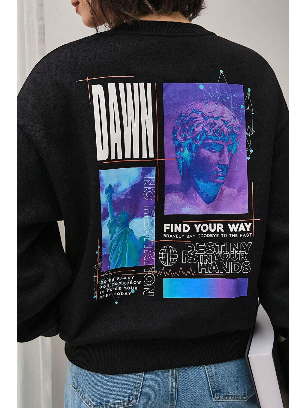 Siyah Unisex Dawn Baskılı Bisiklet Yaka Sweatshirt-2