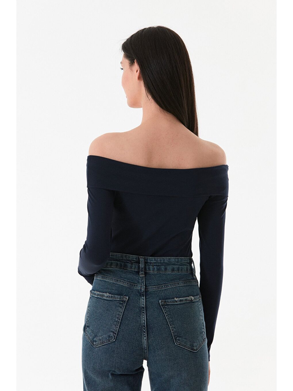 Lacivert Basic Madonna Yaka Bluz-3