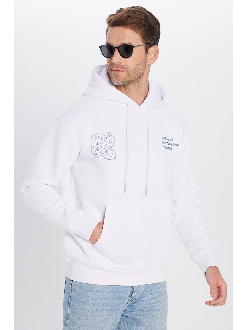 Unisex Oversize Geniş Kesim Pamuklu Yumuşak Dokulu İçi Polarlı Baskılı Beyaz Kapüşonlu Erkek Hoodie