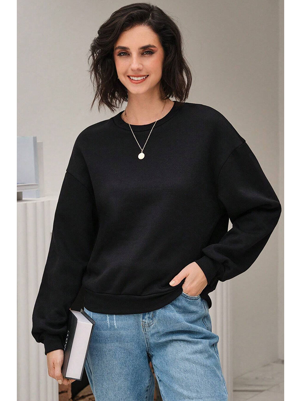 Siyah Unisex Dawn Baskılı Bisiklet Yaka Sweatshirt-3